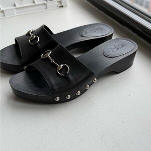 Gucci Black Leather Studded Horsebit Clogs